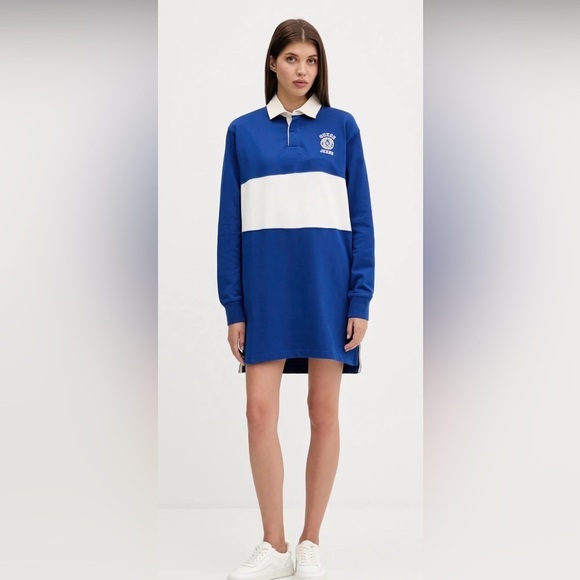 Guess Dresses & Skirts - Guess Jeans Polo Sweatshirt Mini Dress Size S Blue White Logo Long Sleeve